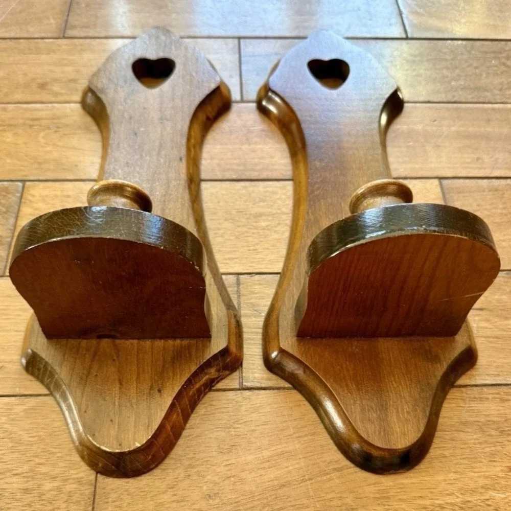 2pc VTG 60s MCM Wood Candlestick Heart Wall Sconce COUNTRY Cottage Core Farm